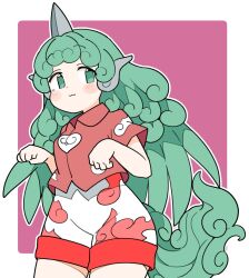 Rule 34 | 1girl, :3, blush, border, closed mouth, cloud print, collared shirt, cowboy shot, curly hair, green eyes, green hair, highres, horns, ini (inunabe00), kariyushi shirt, komano aunn, long hair, red shirt, shirt, short sleeves, shorts, single horn, smile, solo, touhou, white border, white shorts