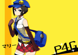 Rule 34 | 1girl, atlus, bag, bare shoulders, belt, black hair, blue eyes, chan co, character name, choker, copyright name, cowboy shot, elbow gloves, fingerless gloves, gloves, hat, highres, marie (persona 4), messenger bag, necktie, persona, persona 4, persona 4 the golden, plaid, plaid skirt, pleated skirt, safety pin, shirt, short hair, shoulder bag, skirt, sleeveless, sleeveless shirt, solo, striped clothes, striped gloves, striped thighhighs, thighhighs