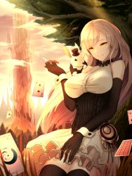 Rule 34 | 1girl, ace (playing card), ace of spades, bad id, bad pixiv id, blonde hair, breasts, card, cigarette, elbow gloves, female focus, gloves, hat, large breasts, limeblock, long hair, original, playing card, rabbit, solo, spade (shape), thighhighs, top hat