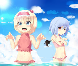 Rule 34 | 2girls, :d, alice margatroid, bat wings, blonde hair, blue eyes, blue hair, blush, child, cloud, day, fang, female focus, frilled swimsuit, frills, hairband, highres, meracle, multiple girls, open mouth, partially submerged, red eyes, remilia scarlet, sky, smile, sunlight, swimsuit, touhou, wings