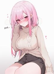 Rule 34 | 1girl, absurdres, alternate costume, aran sweater, blush, breasts, brown shorts, brown sweater, cable knit, casual, hair between eyes, heart, highres, hololive, hololive english, koahri, large breasts, long hair, long sleeves, looking at viewer, mori calliope, open mouth, pink eyes, pink hair, ribbed sweater, shorts, simple background, sitting, smile, solo, sweater, thighs, turtleneck, turtleneck sweater, virtual youtuber, white background