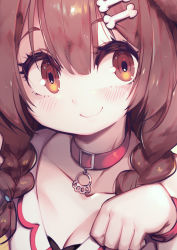Rule 34 | 1girl, animal collar, animal ears, blush, bone, bone hair ornament, bracelet, braid, breasts, brown eyes, brown hair, cartoon bone, cleavage, close-up, closed mouth, collar, collarbone, dog ears, dog girl, dress, eyelashes, hair between eyes, hair ornament, hairclip, highres, hololive, inugami korone, inugami korone (1st costume), jewelry, long hair, looking at viewer, low twin braids, low twintails, parororo, paw pose, portrait, raised eyebrows, red collar, smile, solo, tail, twin braids, twintails, virtual youtuber, white dress, wristband
