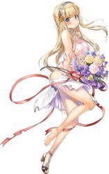 Rule 34 | 1girl, barefoot, blonde hair, bouquet, breasts, double bun, dress, fletcher (kancolle), flower, full body, hair bun, hair ornament, hair ribbon, hairband, holding, holding bouquet, kantai collection, large breasts, long hair, looking to the side, net, official alternate costume, official art, pout, purple eyes, ribbon, shoes, single shoe, skirt, solo, star (symbol), star hair ornament, torn clothes, transparent background, veil, white skirt, zeco