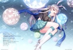 Rule 34 | 1girl, absurdres, an2a, animal ears, artist name, blue scarf, buttons, frilled skirt, frills, full body, gradien, gradient background, high heels, highres, huge filesize, long hair, long sleeves, looking at viewer, lying, on side, original, own hands together, purple eyes, rabbit ears, scan, scarf, shiny clothes, shiny skin, silver hair, simple background, skirt, snowflake background, snowflakes, solo, white legwear, winter clothes