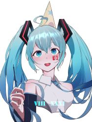 Rule 34 | absurdres, bad id, bad pixiv id, blue eyes, blue hair, blush, collar, detached sleeves, hat, hatsune miku, highres, long hair, long sleeves, necktie, number tattoo, open mouth, party hat, shio ramen, shirt, smile, tattoo, twintails, vocaloid, white background, white shirt