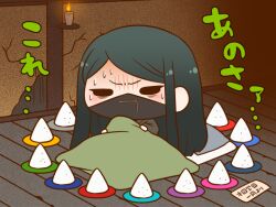 Rule 34 | 1boy, bags under eyes, black eyes, black hair, black mask, blanket, blue background, candle, chibi, commentary request, covered mouth, danganronpa (series), danganronpa v3: killing harmony, eyelashes, fire, furrowed brow, futon, grey kimono, grey sleeves, indoors, japanese clothes, kimono, long hair, long sleeves, male focus, mask, mouth mask, nervous sweating, on bed, plate, salt, scared, shinguji korekiyo, sign, sitting, solid oval eyes, solo, straight hair, sweat, translation request, under covers, very long hair, wooden floor, yumaru (marumarumaru), zipper, zipper pull tab