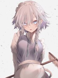 Rule 34 | 1girl, apron, blue eyes, braid, broom, frills, grey background, grey hair, hair over eyes, highres, holding, holding broom, izayoi sakuya, looking at viewer, maid headdress, neck ribbon, parted lips, short hair with long locks, simple background, solo, touhou, tsune (tune), twin braids, undone neck ribbon, upper body, wing collar