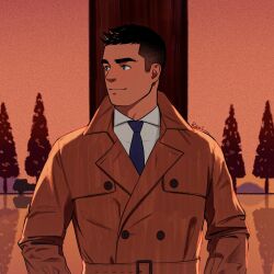 Rule 34 | 1boy, bara, black eyes, black hair, blue necktie, closed mouth, coat, highres, imramillust, looking to the side, male focus, necktie, original, shirt, short hair, simple background, smile, solo, sunset, thick eyebrows, tree, trench coat, upper body, white shirt