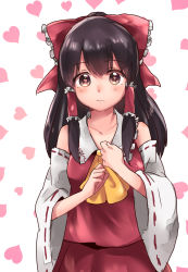 Rule 34 | 1girl, ascot, bare shoulders, black hair, blush, bow, breasts, brown eyes, closed mouth, collar, collared dress, detached sleeves, dress, frills, hair between eyes, hair ornament, hair tubes, hakurei reimu, hands up, heart, heart-shaped pupils, highres, long hair, long sleeves, looking at viewer, medium breasts, one-hour drawing challenge, red bow, red dress, solo, symbol-shaped pupils, touhou, umino (anesthesia), white background, wide sleeves, yellow ascot
