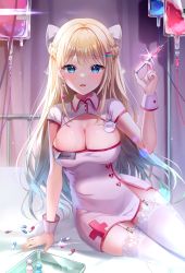 Rule 34 | 1girl, absurdres, banned artist, blue eyes, bow, breasts, cleavage, collared dress, commission, dress, garter straps, hair bow, hat, highres, holding, large breasts, long hair, looking at viewer, mayo (miyusa), nurse, open mouth, original, second-party source, short dress, short sleeves, sitting, solo, syringe, thighhighs, very long hair, white dress, white hair, white thighhighs, wrist cuffs, yokozuwari, zettai ryouiki