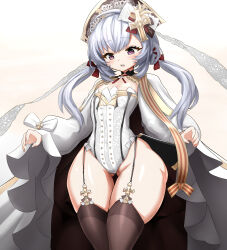 Rule 34 | 1girl, absurdres, azur lane, blush, cape, corset, cowboy shot, flandre (azur lane), flat chest, garter straps, gluteal fold, grey hair, hair ornament, hat, highres, jadf, long hair, long sleeves, looking down, open mouth, purple eyes, simple background, skindentation, solo, standing, teeth, thick thighs, thigh gap, thighhighs, thighs, twintails, upper teeth only, white background, wide hips