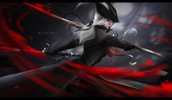 Rule 34 | 1girl, absurdres, blood, bloodborne, blue eyes, coat, fighting stance, hat, highres, holding, holding weapon, lady maria of the astral clocktower, long coat, long hair, ponytail, solo, weapon