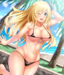 Rule 34 | 1girl, alternate costume, atago (kancolle), bare shoulders, beach, beret, bikini, black bikini, blonde hair, blue eyes, blue hat, blue sky, blush, breasts, cloud, collarbone, commentary request, cowboy shot, day, front-tie top, hair between eyes, hat, kantai collection, large breasts, long hair, looking at viewer, micro bikini, navel, ocean, one eye closed, open mouth, outdoors, palm tree, sand, skindentation, sky, smile, solo, swimsuit, tree, water, wet, zanntetu