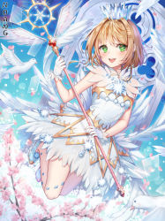Rule 34 | 1girl, :d, bird, blonde hair, blue sky, blush, card captor sakura clear card, cardcaptor sakura, cherry blossoms, crown, day, dress, feathered wings, flower, full body, gloves, green eyes, high heels, holding, holding staff, kinomoto sakura, looking to the side, open mouth, pink flower, pumps, roang, short dress, short hair, sky, sleeveless, sleeveless dress, smile, solo, staff, symbol-shaped pupils, white dress, white gloves, white wings, wings