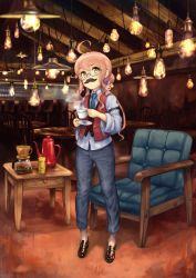 Rule 34 | 1girl, ahoge, alternate costume, animal, animal on shoulder, arm belt, blurry, brown theme, chair, coffee pot, commentary request, cup, depth of field, fake facial hair, fake mustache, full body, glasses, hair bun, hanging light, hatomugi seika, highres, indoors, kantai collection, long hair, long sleeves, makigumo (kancolle), necktie, pants, pink hair, rabbit, saucer, sidelocks, single hair bun, standing, table, teacup, vest, wooden table, yellow eyes