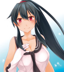 Rule 34 | 10s, 1girl, bare shoulders, black hair, blush, breasts, cleavage, gloves, hand on own chest, kantai collection, large breasts, long hair, looking at viewer, ponytail, red eyes, school uniform, scrunchie, serafuku, sidelocks, smile, solo, suna kiririto, upper body, white gloves, yahagi (kancolle)