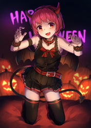 Rule 34 | 1girl, alternate costume, demon horns, demon tail, demon wings, dorothy haze, fang, halloween, halloween costume, happy halloween, highres, horns, jack-o&#039;-lantern, mr.lime, pink hair, red eyes, solo, tail, thighhighs, va-11 hall-a, wings