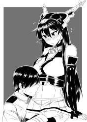 Rule 34 | 10s, 1boy, 1girl, bare shoulders, black hair, blush, breast suppress, breasts, cleavage, elbow gloves, faceless, faceless male, flying sweatdrops, gloves, kantai collection, komusou (jinrikisha), licking, long hair, looking down, monochrome, nagato (kancolle), navel, open mouth, personification, simple background, sitting, sweatdrop, tongue, white background