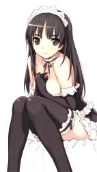 Rule 34 | 1girl, bare shoulders, black eyes, black gloves, black hair, black thighhighs, breasts, choker, cleavage, elbow gloves, frilled thighhighs, frills, gloves, hands on own chest, knees together feet apart, lace, leaning forward, light smile, long hair, maid headdress, morisawa haruyuki, original, scan, sitting, solo, thighhighs