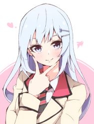 Rule 34 | 1girl, beige jacket, blazer, blue eyes, blue hair, blush, closed mouth, collared shirt, diagonal-striped clothes, diagonal-striped neckwear, enelis, eyebrows hidden by hair, fingers to chin, hair ornament, hairclip, hand up, head tilt, heart, idolmaster, idolmaster million live!, idolmaster million live! theater days, jacket, long hair, long sleeves, necktie, pink background, school uniform, shiraishi tsumugi, shirt, smile, solo, striped clothes, striped necktie, striped neckwear, two-tone background, uniform series (idolmaster), upper body, white background, white shirt