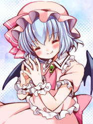 Rule 34 | 1girl, ascot, bad id, bad pixiv id, bat wings, blue hair, closed eyes, fang, fingers together, hat, irori, looking at viewer, mob cap, remilia scarlet, short hair, smile, solo, steepled fingers, touhou, wings, wrist cuffs