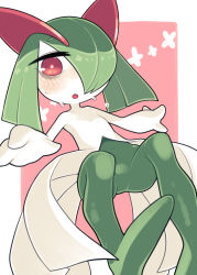 Rule 34 | bags under eyes, blush, colored skin, creatures (company), game freak, gen 3 pokemon, green hair, hair over one eye, highres, horns, ino (tellu0120), kirlia, looking at viewer, looking down, multicolored skin, nintendo, open mouth, pink background, pink eyes, pokemon, pokemon (creature), sidelocks, simple background, sweat, two-tone skin, white skin