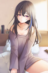 Rule 34 | 1girl, bare shoulders, bed, bed sheet, bedroom, black hair, blue hair, blush, breasts, cellphone, cleavage, clock, closed mouth, collarbone, digital clock, dot nose, eyebrows hidden by hair, feet out of frame, hair between eyes, head tilt, highres, ichinose uruha, indoors, long hair, long sleeves, looking ahead, lupinus virtual games, miyagi ratona, monster energy, multicolored hair, no pants, off-shoulder shirt, off shoulder, own hands together, phone, pillow, purple eyes, purple shirt, shirt, sitting, squeans, sleepy, sleeves past fingers, sleeves past wrists, small breasts, smartphone, solo, streaked hair, sunlight, thighs, virtual youtuber, vspo!