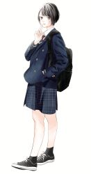 Rule 34 | 1girl, absurdres, backpack, bag, black bag, black eyes, black footwear, black hair, black socks, black sweater, blazer, buttoned cuffs, buttons, closed mouth, collared shirt, converse, cross-laced footwear, finger to mouth, from side, full body, hand in pocket, highres, ichinohe rumi, index finger raised, jacket, kimi no yokogao wo miteita, lapel pin, lapels, layered sleeves, light blush, lips, long sleeves, looking at viewer, mori hikari, necktie, notched lapels, pink lips, plaid, plaid skirt, pleated skirt, profile, red necktie, school uniform, shirt, shoes, short hair, simple background, skirt, sneakers, socks, solo, standing, sweater, sweater vest, swept bangs, two-tone footwear, unmoving pattern, white background, white footwear, white shirt