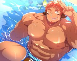 Rule 34 | 1boy, abs, animal ears, bara, brown eyes, brown hair, brown male swimwear, bulge, cow boy, cow ears, cow horns, dark-skinned male, dark skin, artistic error, facial hair, fiery horns, forked eyebrows, glowing horns, goatee, highres, horns, large pectorals, leoandaslan (leobongnana), looking up, male focus, male swimwear, muscular, muscular male, nipples, one eye closed, partially submerged, pectorals, revision, salute, short hair, sitting, solo, sparkling eyes, spiked hair, stomach, sunlight, thick eyebrows, thick thighs, thighs, tokyo houkago summoners, topless male, vulcan salute, wakan tanka, wet
