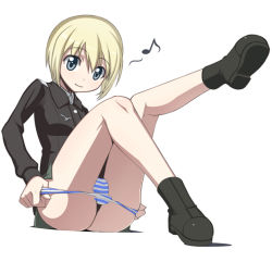 Rule 34 | 00s, 1girl, caryo, erica hartmann, long legs, nanashino, panties, panty pull, solo, strike witches, striped clothes, striped panties, underwear, world witches series