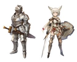 Rule 34 | 1girl, animal ears, armor, armored boots, boots, brown eyes, brown thighhighs, cape, full armor, full body, grey hair, helmet, highres, holding, holding shield, holding sword, holding weapon, looking at viewer, original, sheath, sheathed, shield, simple background, sookmo, standing, sword, thigh boots, thighhighs, weapon, white background, white cape