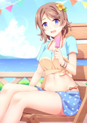 Rule 34 | 1girl, :d, bangle, bikini, bikini under clothes, blue eyes, blush, bow, bracelet, breasts, brown hair, chair, cloud, collarbone, day, earrings, flower, food, from side, hair flower, hair ornament, head tilt, holding, holding food, jewelry, lens flare, looking at viewer, love live!, love live! school idol festival, love live! sunshine!!, medium breasts, mmrailgun, navel, open mouth, orange bikini, orange bow, outdoors, polka dot, popsicle, shirt, short sleeves, sitting, sky, smile, solo, sunlight, swept bangs, swimsuit, swimsuit under clothes, tied shirt, watanabe you