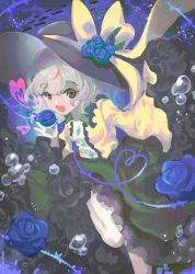Rule 34 | 1girl, black footwear, black hat, blouse, blue flower, blue rose, bubble, buttons, collared shirt, commentary, diamond button, eyeball, fish, flower, frilled shirt collar, frills, green eyes, green skirt, hat, heart, heart-shaped pupils, heart of string, highres, komeiji koishi, kotonoman, long skirt, long sleeves, one-hour drawing challenge, open mouth, ribbon, rose, shirt, shoes, silver hair, skirt, smile, solo, symbol-shaped pupils, third eye, thorns, touhou, wavy hair, wide sleeves, yellow ribbon, yellow shirt