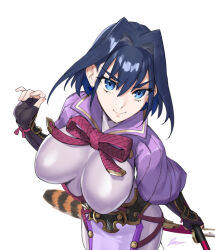 Rule 34 | 1girl, black gloves, blue eyes, blue hair, bodysuit, breasts, cosplay, dasdokter, fate/grand order, fate (series), fingerless gloves, gloves, hair intakes, highres, hololive, hololive english, large breasts, looking at viewer, minamoto no raikou (fate), minamoto no raikou (fate) (cosplay), multicolored hair, ouro kronii, rope, short hair, simple background, smile, solo, virtual youtuber, white background