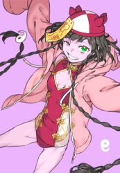 Rule 34 | 1girl, arms up, black hair, braid, breasts, chinese clothes, colored skin, cowboy shot, embroidery, gold trim, green eyes, grin, haimura kiyotaka, hat, highres, jacket, jiangshi, magatama, niang-niang, ofuda, one-piece swimsuit, one eye closed, pink jacket, purple background, purple skin, red hat, red one-piece swimsuit, simple background, sleeves past fingers, sleeves past wrists, small breasts, smile, solo, swimsuit, thighs, toaru majutsu no index, toaru majutsu no index: imaginary fest, toaru majutsu no index: new testament, twin braids, undead, yin yang