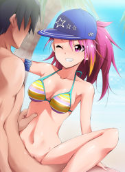 Rule 34 | 10s, 1girl, armlet, baseball cap, bikini, bikini top only, blush, bottomless, breasts, censored, cleavage, clenched teeth, cowgirl position, girl on top, grin, happy sex, hat, hetero, highres, idolmaster, idolmaster million live!, jewelry, kaiga, long hair, long legs, maihama ayumu, multicolored hair, navel, one eye closed, penis, petite, pink eyes, pink hair, pubic hair, pussy, sex, shiny skin, sitting, smile, solo focus, spread legs, straddling, striped, sweat, swimsuit, teeth, vaginal, wink