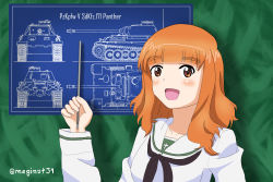 Rule 34 | 1girl, artist request, black neckerchief, blouse, blueprint (object), blunt bangs, blush, breasts, caterpillar tracks, commentary, english commentary, girls und panzer, green background, highres, military, military vehicle, motor vehicle, neckerchief, ooarai school uniform, open mouth, orange eyes, orange hair, panther (tank), panther (tank), school uniform, serafuku, shirt, solo, takebe saori, tank, twitter username, white shirt