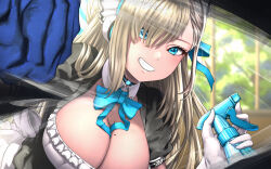Rule 34 | 1girl, :d, against glass, apron, asuna (blue archive), bent over, black choker, blue archive, blue bow, blue bowtie, blue eyes, blurry, bottle, bow, bowtie, breasts, brown hair, choker, cleaning, cleaning windows, cleavage, commentary request, depth of field, detached collar, frilled apron, frills, grin, hair over one eye, halo, highres, holding, holding bottle, large breasts, long hair, looking at viewer, maid, maid headdress, open mouth, parted bangs, short sleeves, sidelocks, smile, solo, spray bottle, substance20, white apron, window