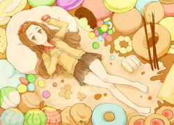 Rule 34 | 1girl, aihara miu, aki inu, bangs pinned back, bare legs, barefoot, brown eyes, brown hair, candy, collared shirt, cookie, doughnut, food, gingerbread man, hand on own chest, hand up, lollipop, looking at viewer, macaron, pillow, pocky, shirt, skirt, solo, thumbprint cookie, tokyo 7th sisters
