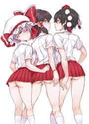 Rule 34 | 3girls, alternate costume, ass, black hair, bow, commentary request, from behind, frown, hair bow, hair tubes, hakurei reimu, hat, highres, hip focus, kneepits, legs, light purple hair, looking at viewer, looking back, microskirt, mob cap, mogg, multiple girls, panties, pink eyes, pleated skirt, pointy ears, pom pom (clothes), red eyes, red skirt, remilia scarlet, shameimaru aya, shirt, short hair, simple background, skirt, socks, thighs, tokin hat, touhou, underwear, white background, white legwear, white panties, white shirt, yellow eyes