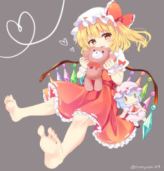 Rule 34 | 1girl, :d, artist name, ascot, barefoot, bat wings, beige background, blonde hair, blush, bow, character doll, commentary request, fang, feet, flandre scarlet, grey background, hat, highres, long hair, looking at viewer, mary janes, mob cap, one-hour drawing challenge, open mouth, ramudia (lamyun), red bow, red eyes, red skirt, remilia scarlet, shoes, side ponytail, simple background, sitting, skin fang, skirt, smile, soles, solo, stuffed animal, stuffed toy, teddy bear, touhou, twitter username, white hat, wings