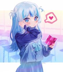 Rule 34 | 1girl, blue eyes, blush, chocolate, classroom, gawr gura, hand in own hair, hololive, hololive english, looking at viewer, moa (21energy12), ribbon, school uniform, solo, virtual youtuber