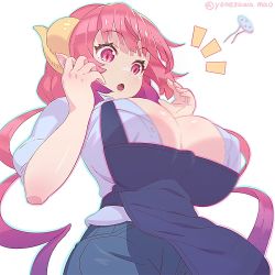 Rule 34 | 1girl, :o, apron, blue shirt, breasts, buttons, chromatic aberration, cleavage, dragon horns, fang, flying button, horns, huge breasts, ilulu (maidragon), kobayashi-san chi no maidragon, large breasts, long hair, pink eyes, pink hair, pointy ears, popped button, shirt, simple background, slit pupils, solo, surprised, twintails, twitter username, very long hair, white background, yellow horns, yonezawa mao