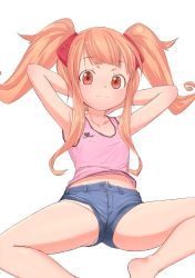 Rule 34 | 1girl, armpits, arms behind head, bad id, bad pixiv id, barefoot, brown eyes, brown hair, child, highres, long hair, midriff, original, panties, short shorts, shorts, sitting, smile, solo, spread legs, tank top, toorunosuke, twintails, unbuttoned, underwear, vest