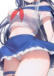 Rule 34 | 1girl, blue hair, body markings, breasts, collar, crop top, frilled skirt, frills, head out of frame, highres, indie virtual youtuber, kanfi, large breasts, long hair, midriff, miniskirt, multicolored hair, panties, school uniform, see-through, see-through shirt, serafuku, shylily, skirt, solo, streaked hair, thigh strap, thighs, underwear, virtual youtuber, white hair