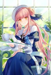Rule 34 | 1girl, absurdres, arknights, bird, blue dress, blue feathers, ceylon (arknights), chair, commentary, cup, dress, feather hair, feathers, feet out of frame, gloves, hair bun, highres, holding, holding cup, ion (on01e), long hair, looking at viewer, pink hair, single hair bun, sitting, smile, solo, table, very long hair, white gloves, white headwear, yellow eyes