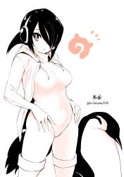 Rule 34 | ^^^, 10s, 1girl, absurdres, animal, bird, black hair, blush, breasts, covered navel, cowboy shot, drawstring, emperor penguin, emperor penguin (kemono friends), eyelashes, hair over one eye, headphones, highres, hood, hood down, hooded jacket, jacket, japari symbol, kemono friends, kirikirimai (kkm), large breasts, legs apart, leotard, long sleeves, looking at viewer, name connection, one eye covered, open clothes, open jacket, penguin, pout, sketch, thighhighs, turtleneck, twitter username, white background