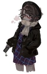 Rule 34 | 1girl, :/, b nosk101, black hat, black jacket, blush, bow, brown eyes, brown hair, cellphone, commentary, cowboy shot, cropped legs, glasses, hand in pocket, hat, hat bow, highres, holding, holding phone, jacket, long sleeves, looking at viewer, medium hair, nose blush, one-hour drawing challenge, open clothes, open jacket, phone, purple skirt, purple vest, red-framed eyewear, scarf, semi-rimless eyewear, simple background, skirt, smartphone, solo, touhou, usami sumireko, vest, white background, white bow, white scarf