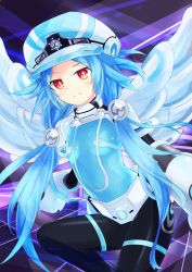 Rule 34 | 1girl, absurdres, bad id, bad twitter id, blue hair, bodysuit, breasts, covered navel, feathers, gauntlets, hair ornament, hat, highres, long hair, looking at viewer, neptune (series), next white, orange eyes, shibuminigai, shin jigen game neptune vii, sidelocks, small breasts, smile, solo, symbol-shaped pupils, white heart (neptunia)