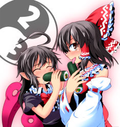Rule 34 | 2girls, ahoge, arms up, asymmetrical wings, black dress, black hair, blush, bow, brown eyes, closed eyes, dated, detached sleeves, dress, drooling, ehoumaki, fellatio, female focus, food, hair bow, hair tubes, hakurei reimu, houjuu nue, ichimi, japanese clothes, leash, licking, looking at viewer, makizushi, miko, multiple girls, oral, pointy ears, red dress, setsubun, sexually suggestive, simulated fellatio, sushi, tongue, tongue out, touhou, wings, yin yang